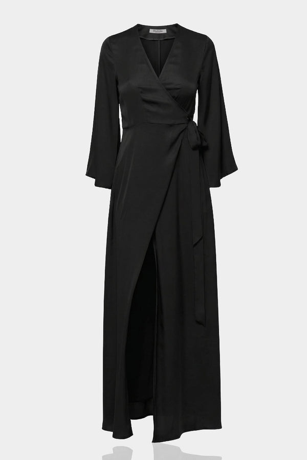 Black Satin Wrap Maxi Dress