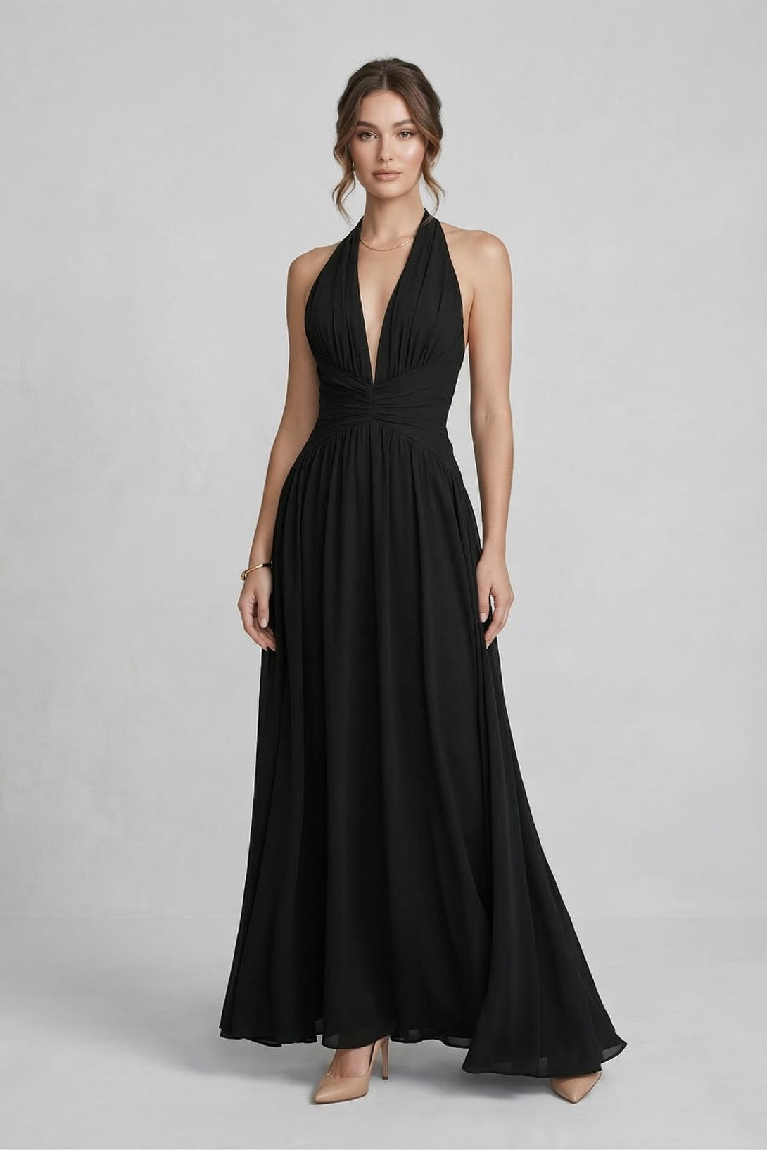 S Black Halter V-Neck Chiffon Bridesmaid Maxi Dress  Floor Length Formal Gown