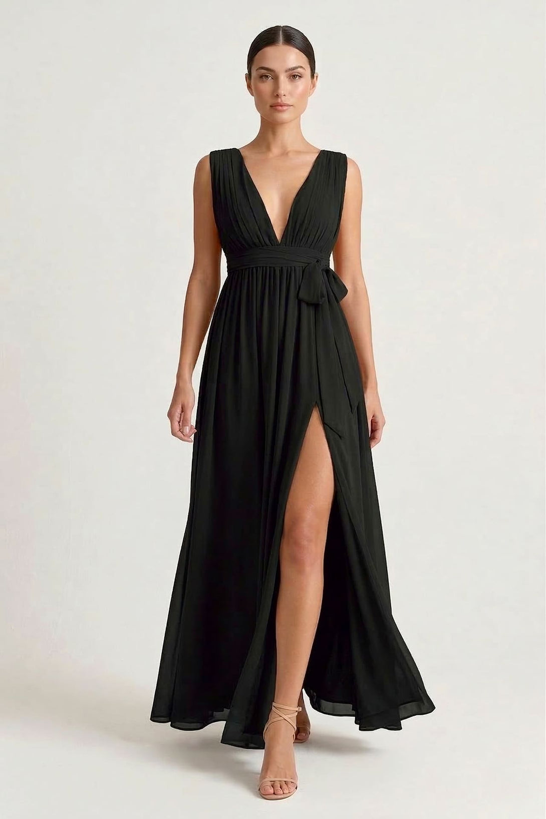 S / With Slit Black Heaven V-Neck Bridesmaid Dress Elegant Formal Maxi Gown S / With Slit Black Heaven V-Neck Bridesmaid Dress Elegant Formal Maxi Gown