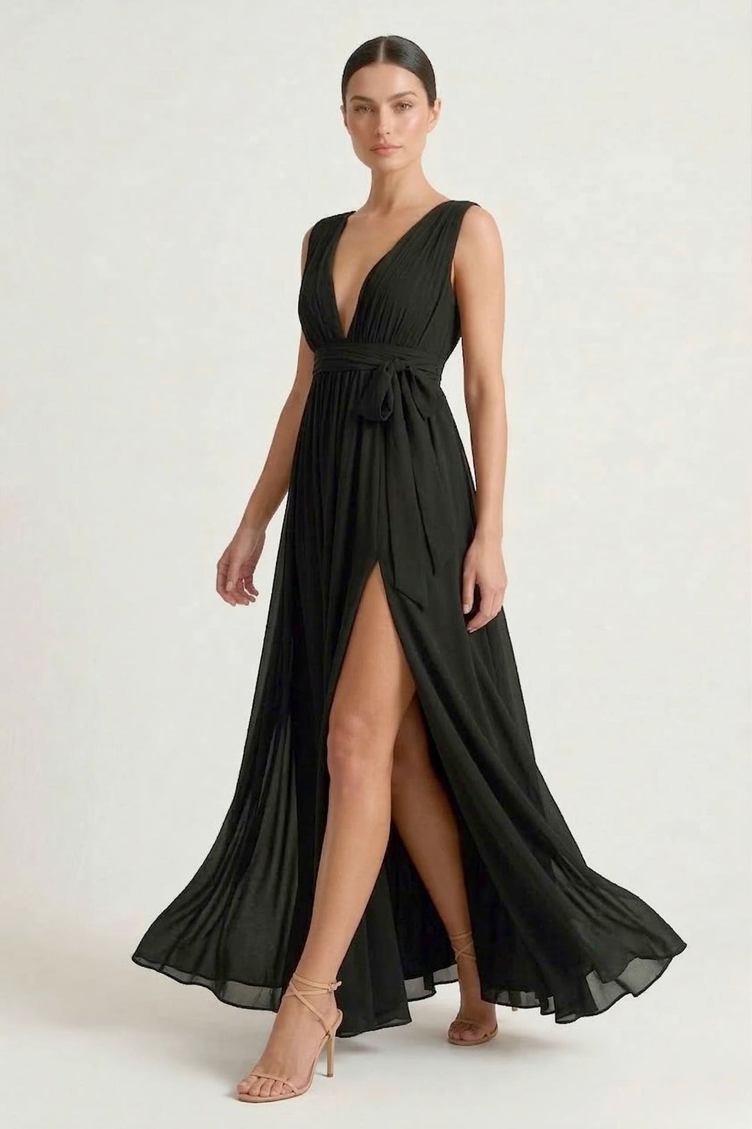 S / With Slit Black Heaven V-Neck Bridesmaid Dress – Elegant Formal Maxi Gown