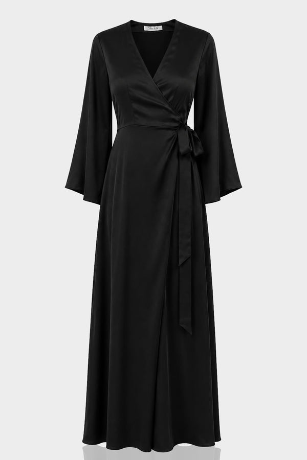 Black Satin Wrap Maxi Dress