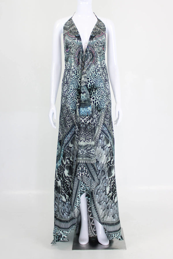 Printed Long Black Silk Dress