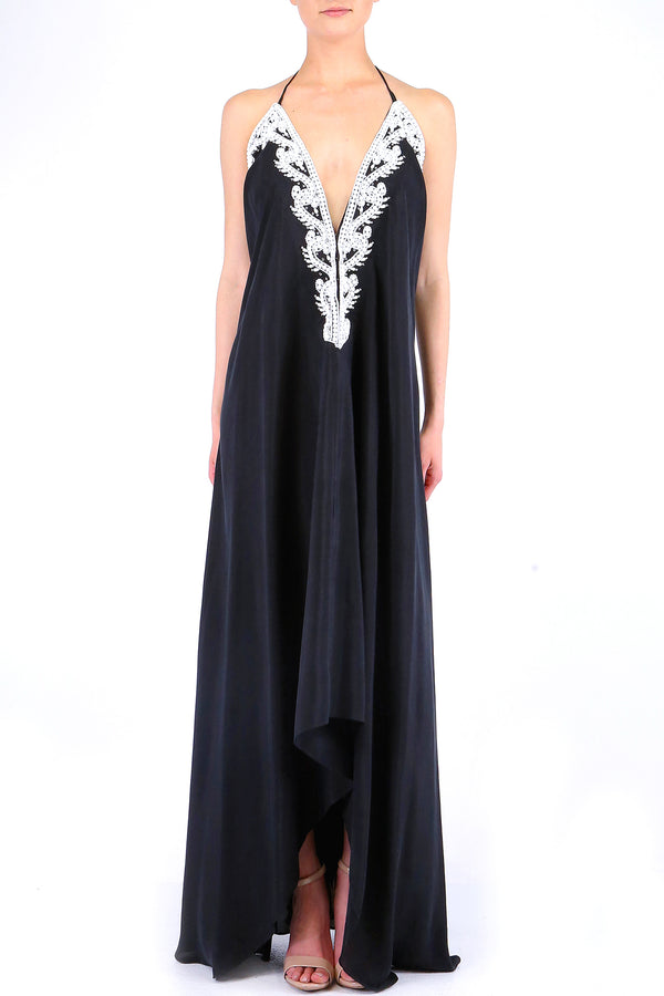  long black silk dress, long summer dresses for women, plunge neck cocktail dress, Shahida Parides,