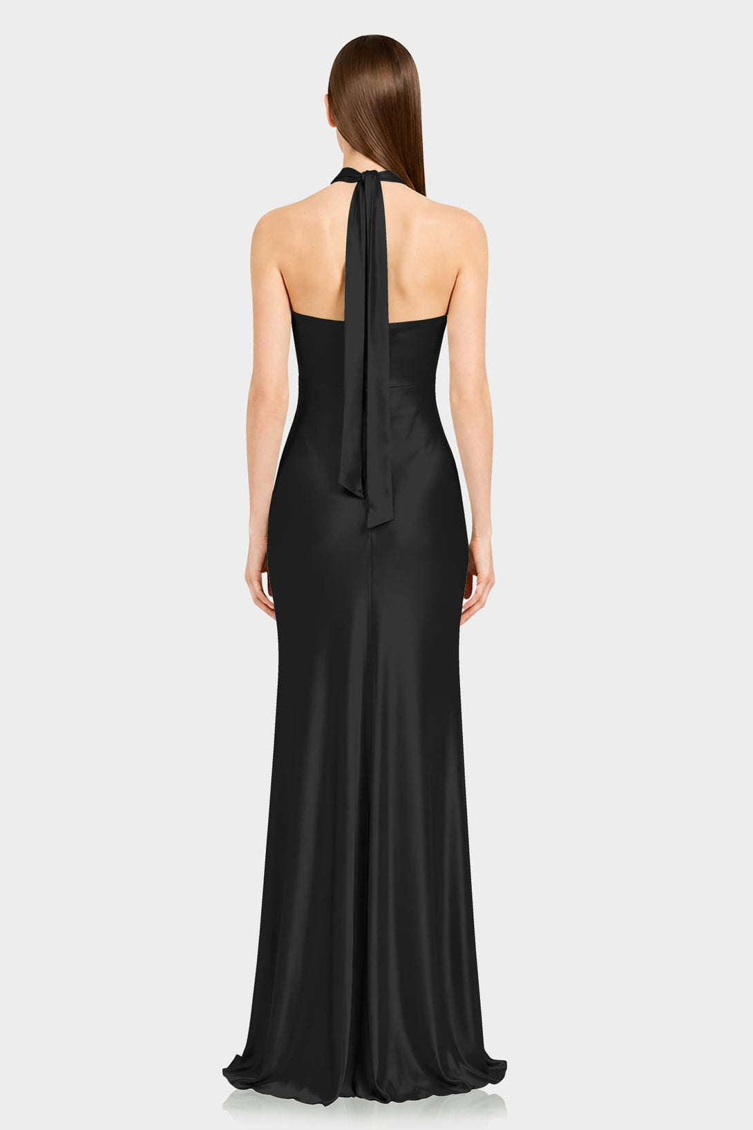 S Luxury Black Matte Satin Ruched Halter Maxi Dress