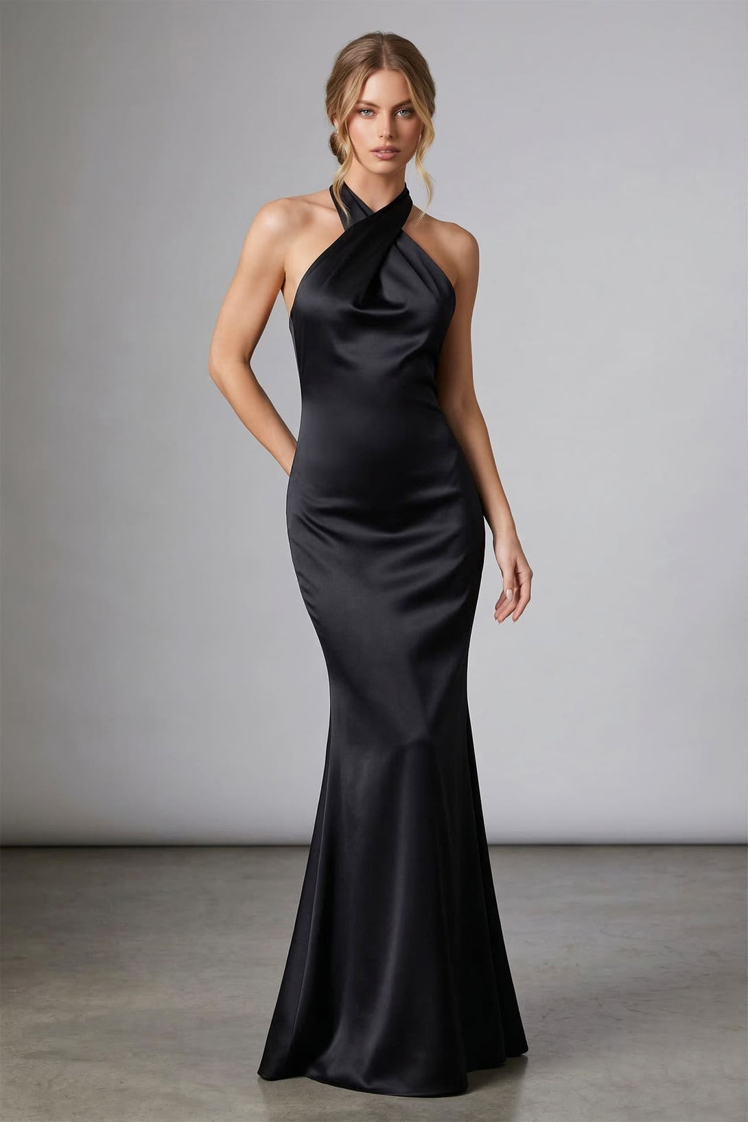 S Black Satin High Neck Crisscross Halter Maxi Dress – Elegant Mermaid Formal Gown