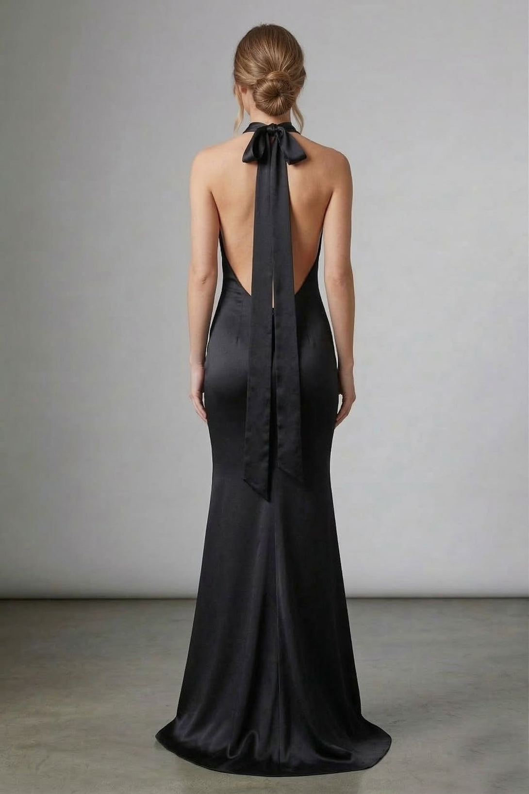 S Black Satin High Neck Crisscross Halter Maxi Dress – Elegant Mermaid Formal Gown