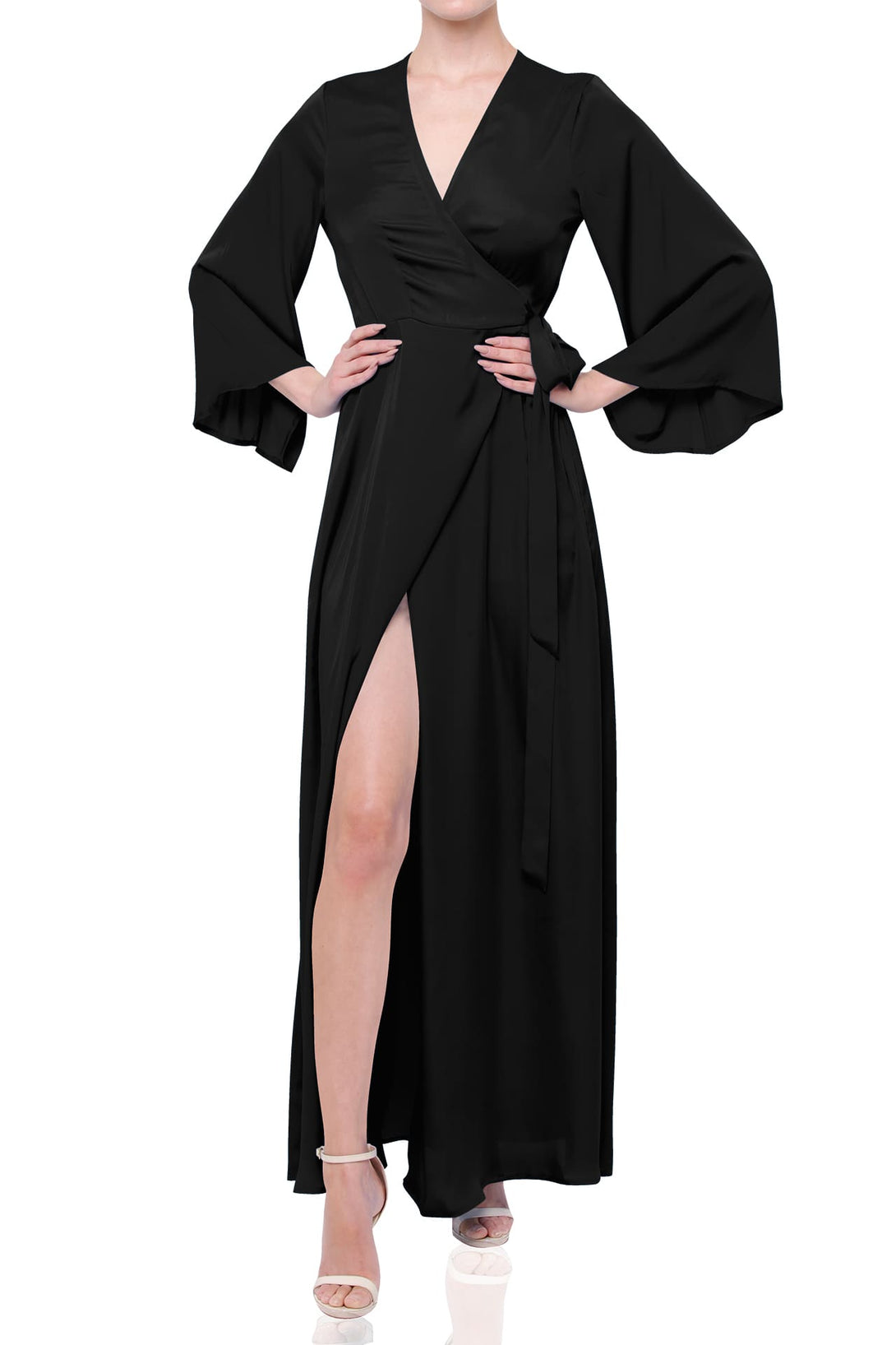 modern black bridesmaid dresses S Black Satin Wrap Bridesmaid Dress – Elegant Maxi Bridal Party Dress by Shahida