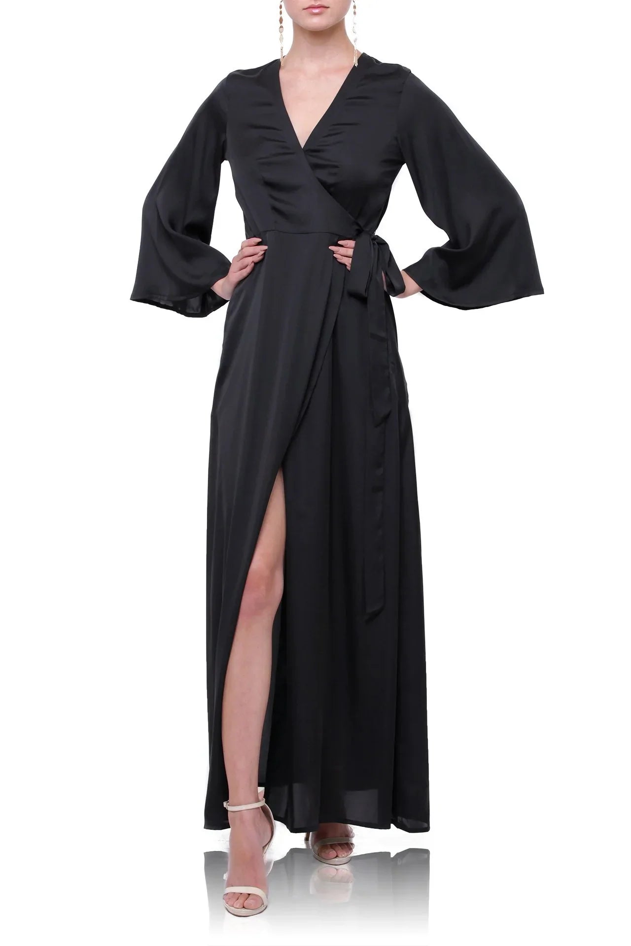 Black Satin Wrap Maxi Dress