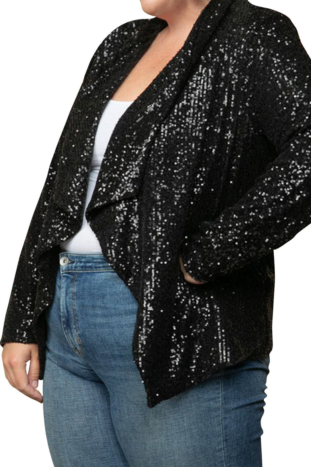 "Shahida Parides" "black sequin womens jacket" "black sequin jacket for women" "plus size womens sequin jacket"