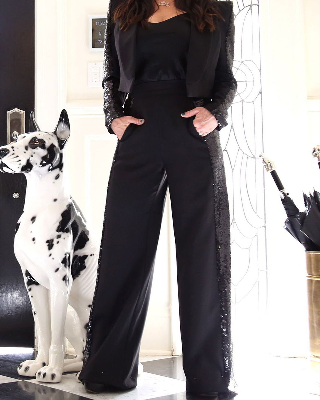 "black sequin pants women" "black sequin womens suit" "Shahida Parides" "womens sequin pant suit"