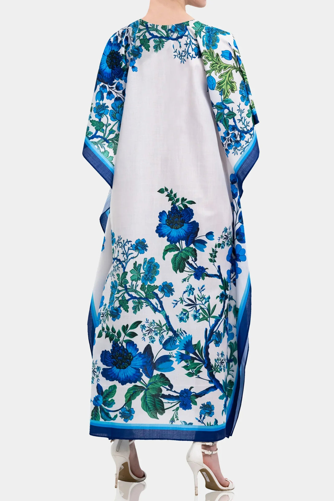 XL White Botanical Print Kaftan Maxi Dress with Blue Border Detail