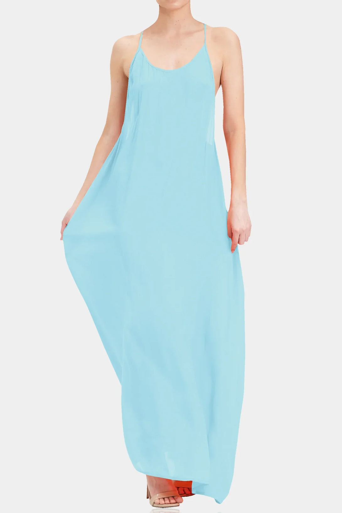 blue color maxi dress, long camisole dress, long cami slip dress, Shahida Parides,