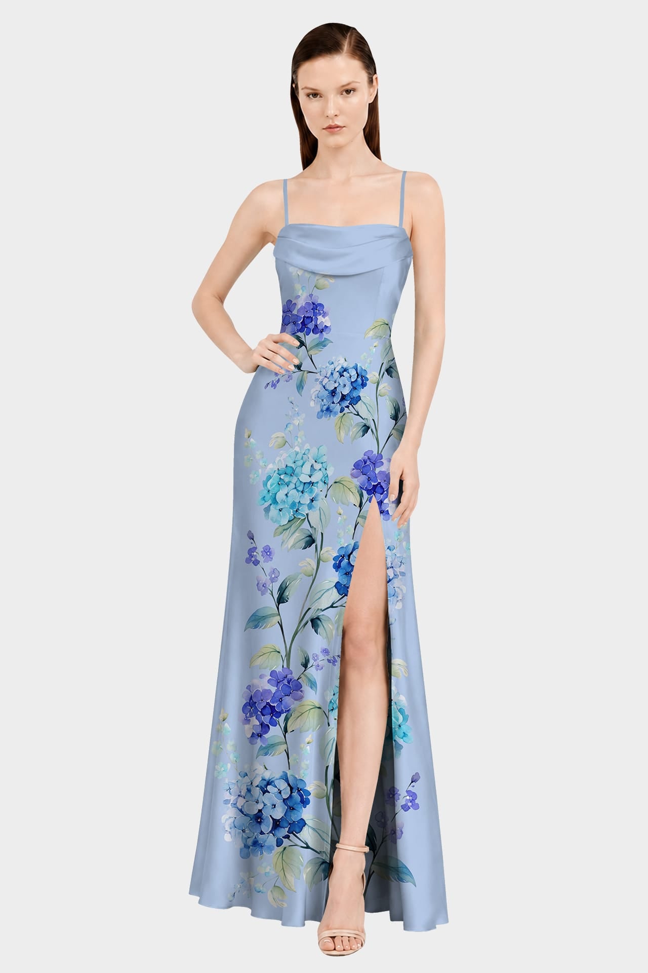 Hydrangea Floral Satin Maxi Dress