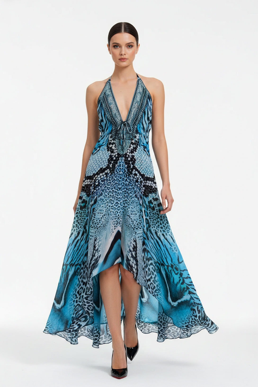 One Size Blue Leopard Silk Scarf Maxi Dress