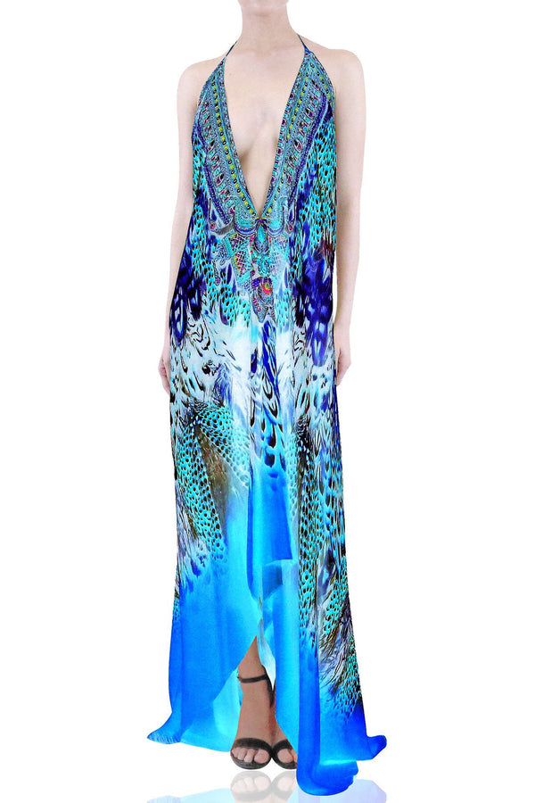  long blue dress, long summer dresses for women, plunge neck cocktail dress, Shahida Parides,