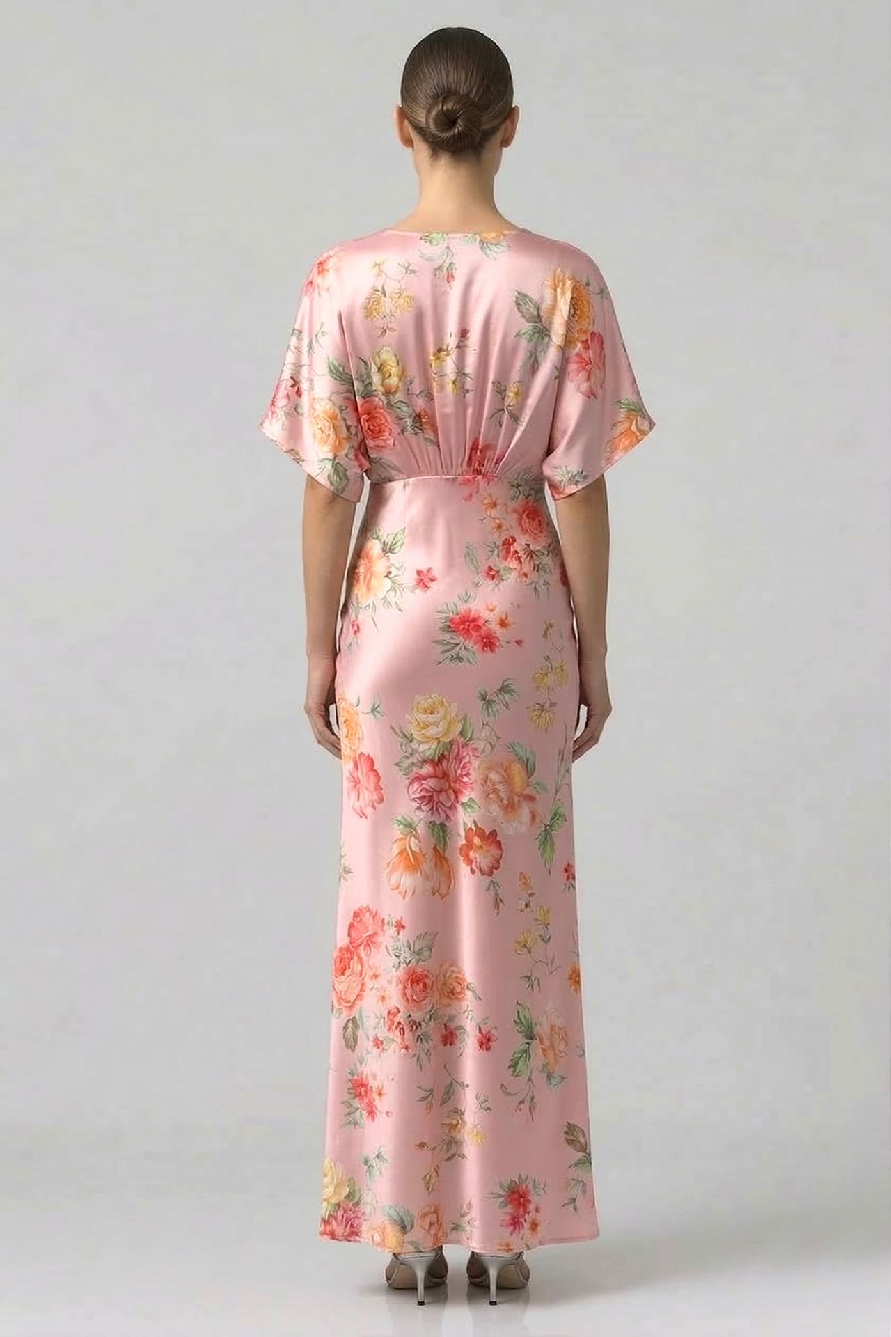 Standard / XS Blush Pink V-Neck Floral Satin Bridesmaid Dress with Flutter Sleeves Standard / XS Blush Pink V-Neck Floral Satin Bridesmaid Dress with Flutter Sleeves