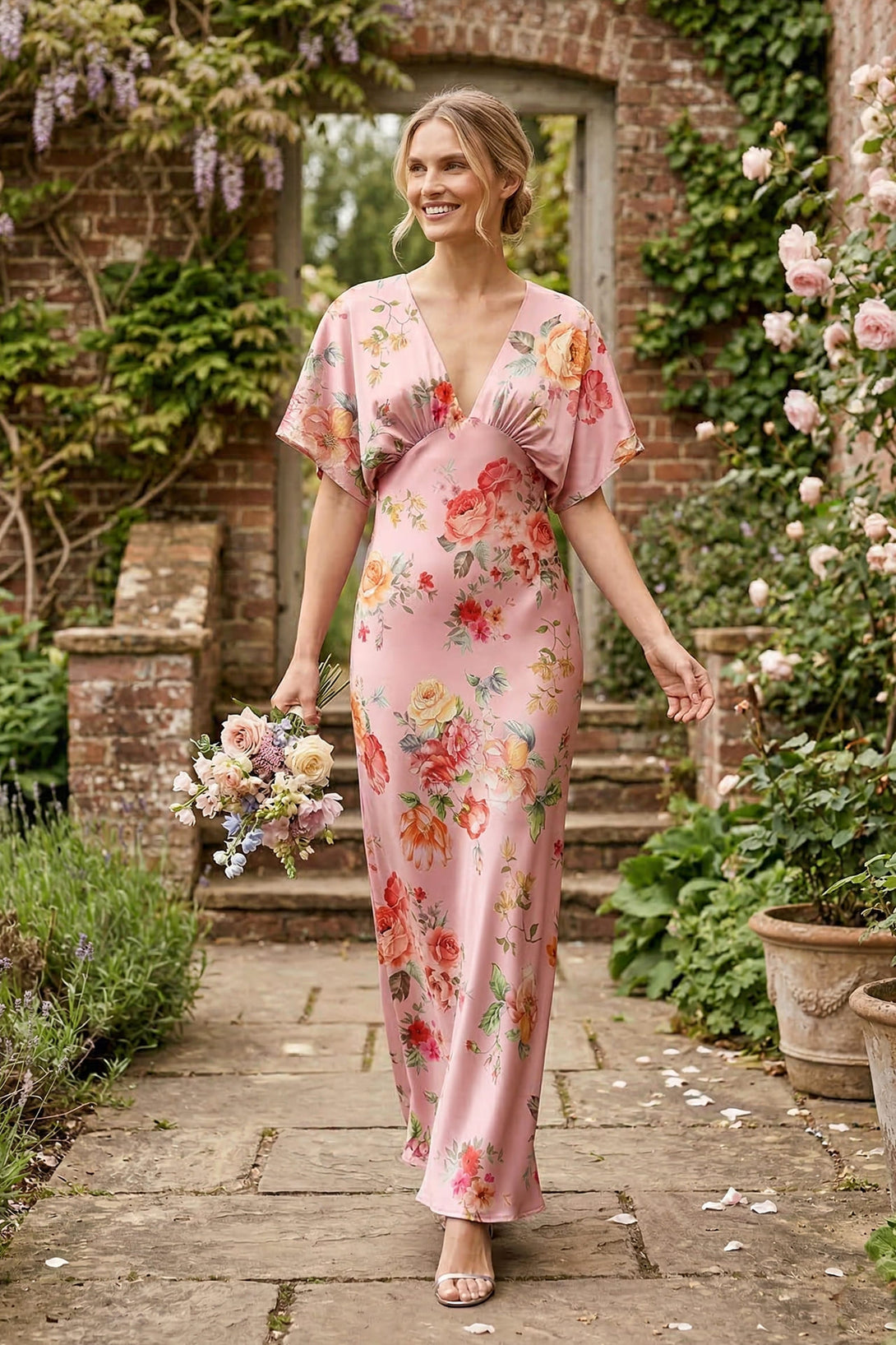 Standard / XS Blush Pink V-Neck Floral Satin Bridesmaid Dress with Flutter Sleeves Standard / XS Blush Pink V-Neck Floral Satin Bridesmaid Dress with Flutter Sleeves