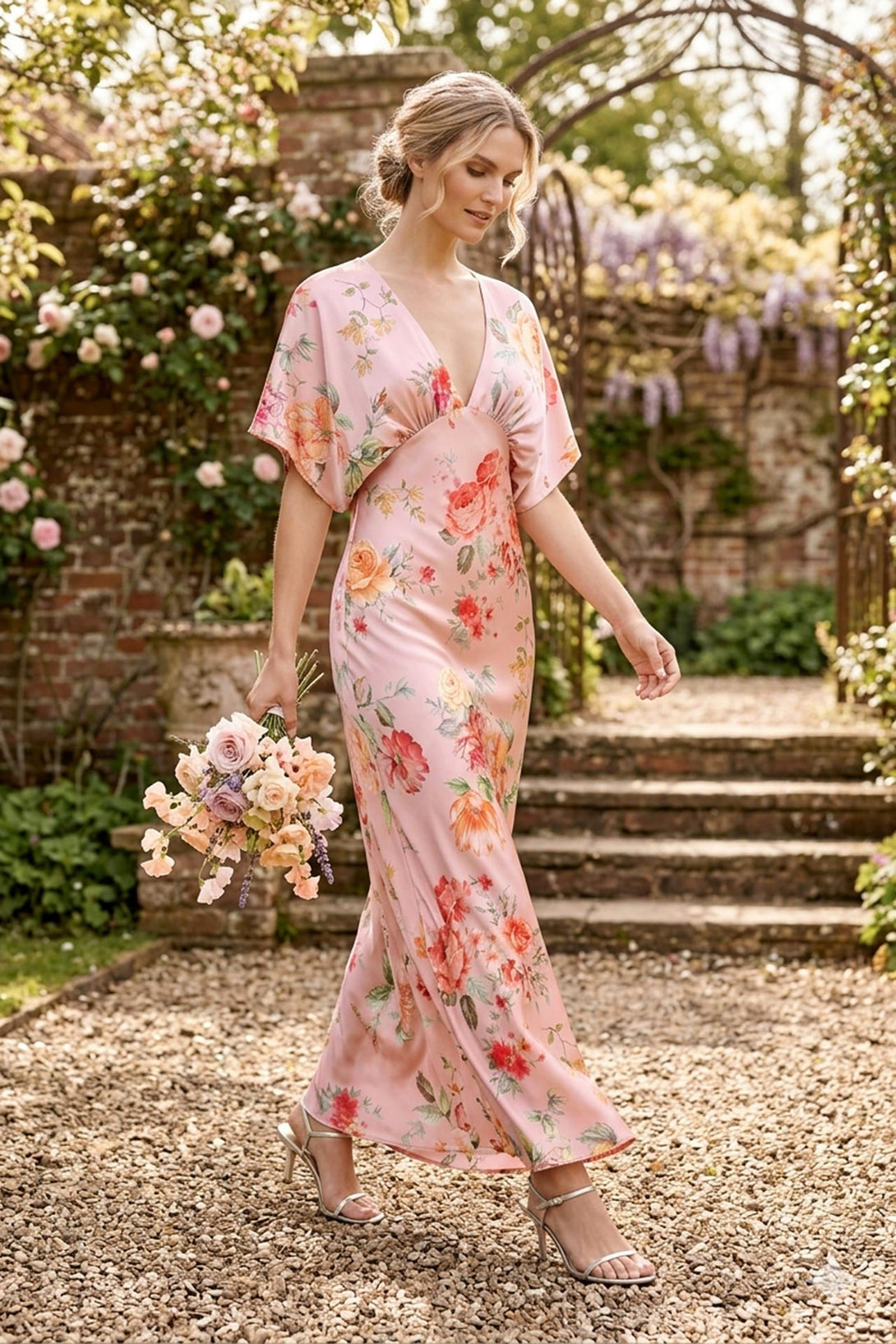 Standard / XS Blush Pink V-Neck Floral Satin Bridesmaid Dress with Flutter Sleeves Standard / XS Blush Pink V-Neck Floral Satin Bridesmaid Dress with Flutter Sleeves