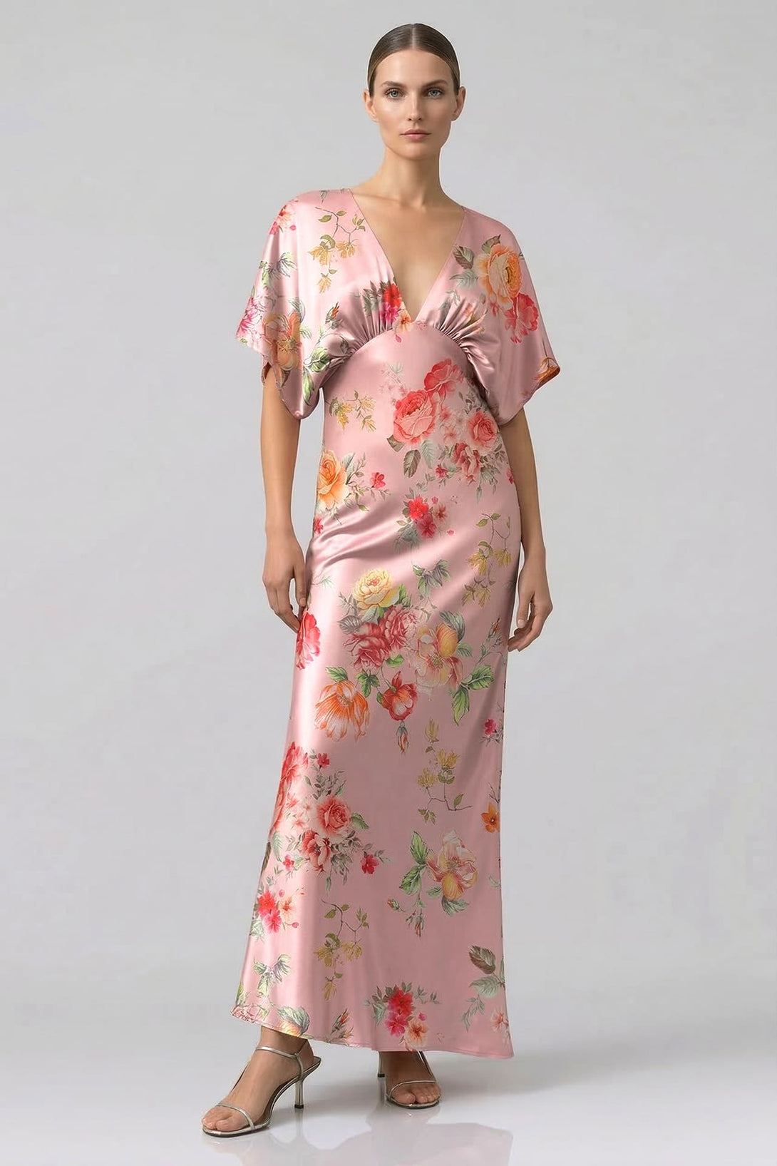Standard / XS Blush Pink V-Neck Floral Satin Bridesmaid Dress with Flutter Sleeves Standard / XS Blush Pink V-Neck Floral Satin Bridesmaid Dress with Flutter Sleeves