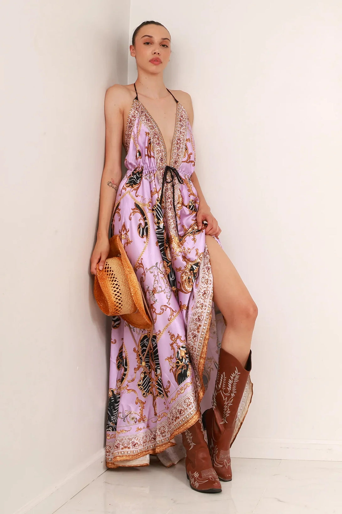 old rose color formal dress Pink Sleeveless Satin Maxi Dress With Scarf – shopaleena