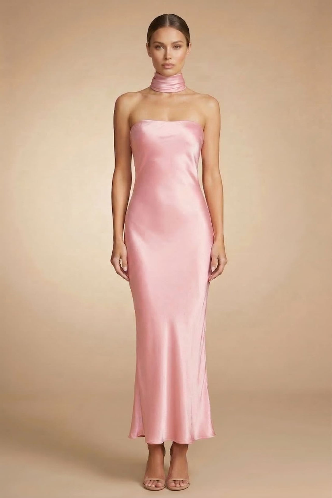Blush Pink Strapless Satin Midi Dress for Weddings Shahida Parides Blush Pink Strapless Satin Midi Dress for Weddings Shahida Parides