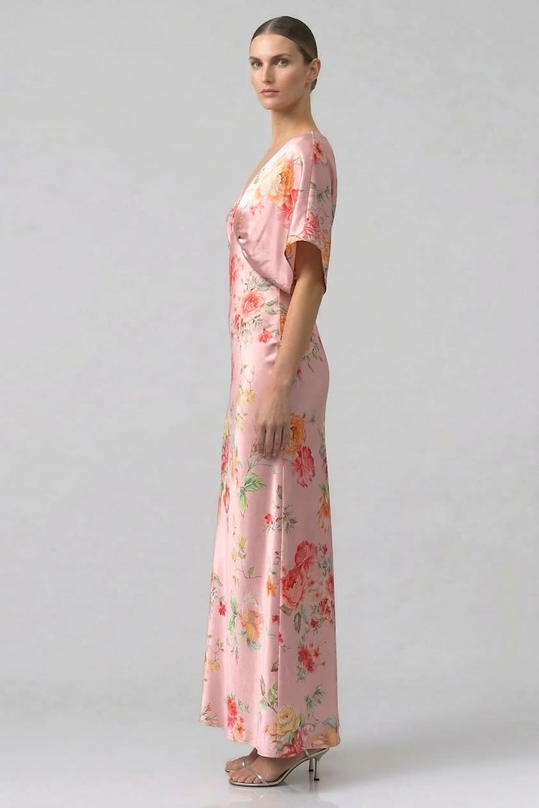 Standard / XS Blush Pink V-Neck Floral Satin Bridesmaid Dress with Flutter Sleeves Standard / XS Blush Pink V-Neck Floral Satin Bridesmaid Dress with Flutter Sleeves