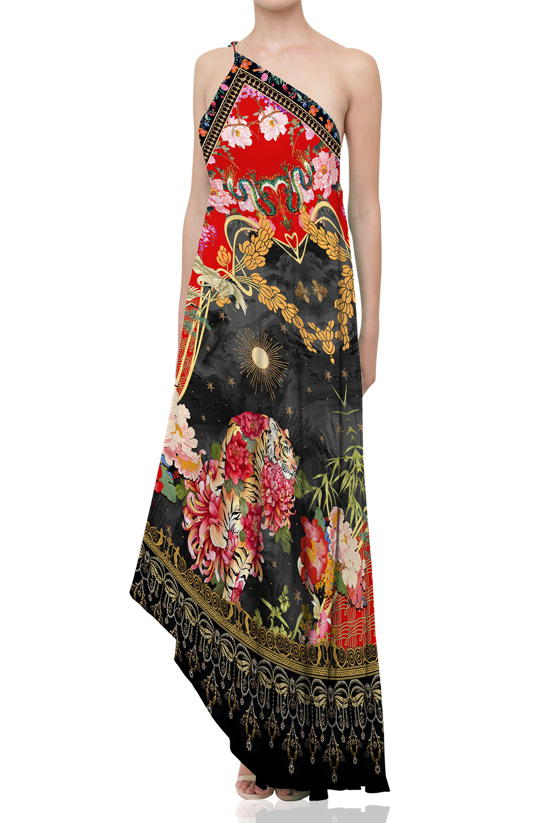 One Size Print Red Maxi Cocktail Dress - Designer silk long Dress One Size Print Red Maxi Cocktail Dress - Designer silk long Dress