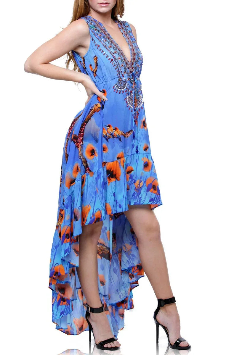 Designer Plunging V Neck Dress | High Low Hem Dress