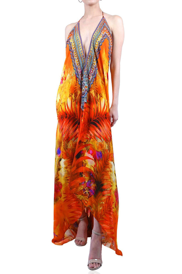  orange long dress, long silk dress, Shahida Parides, halter maxi dress, long flowy dresses,
