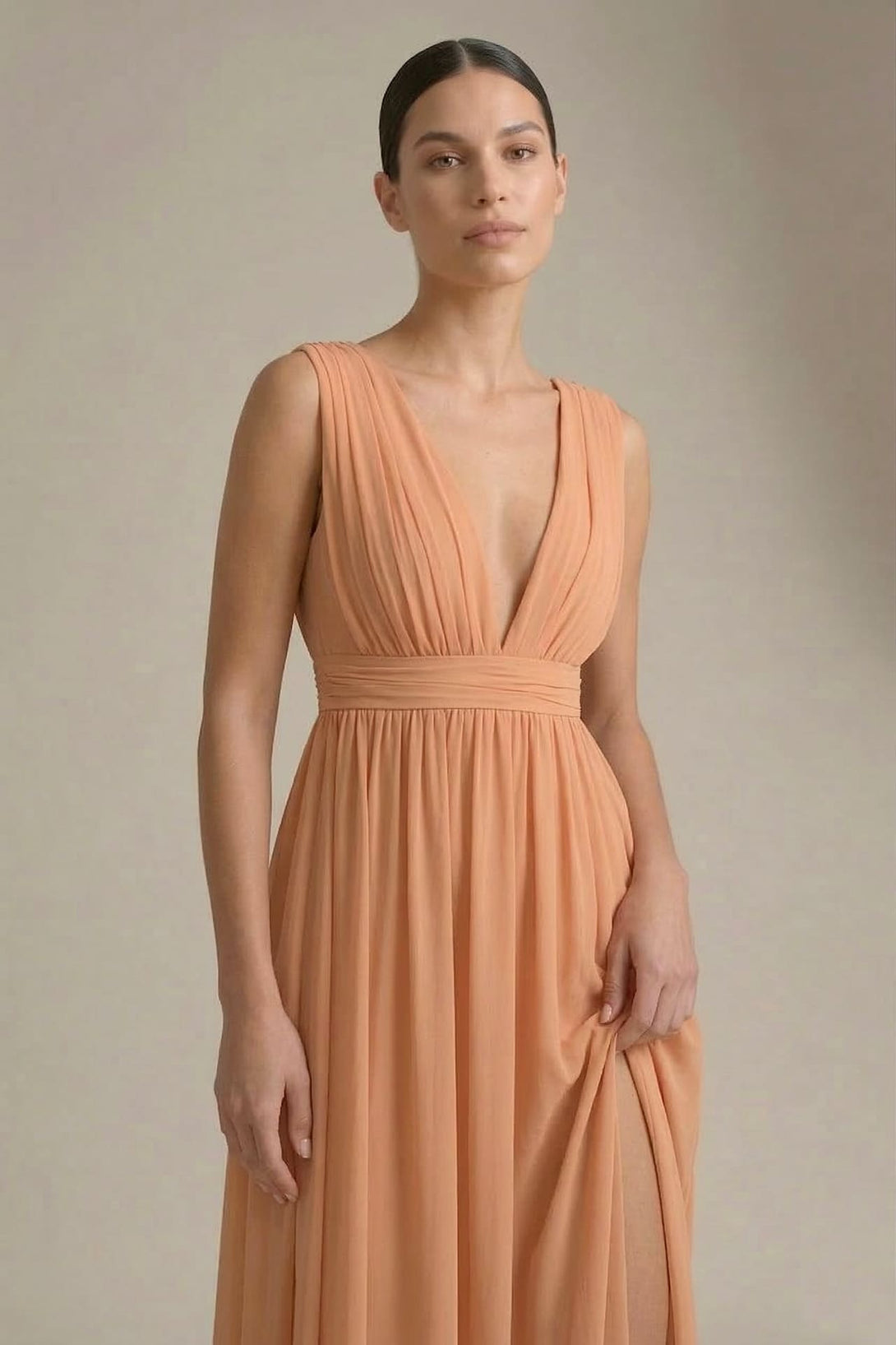 bronze metallic maxi dress S / With Slit Bronzer Heaven V-Neck Bridesmaid Dress – Elegant Warm Metallic Maxi Gown