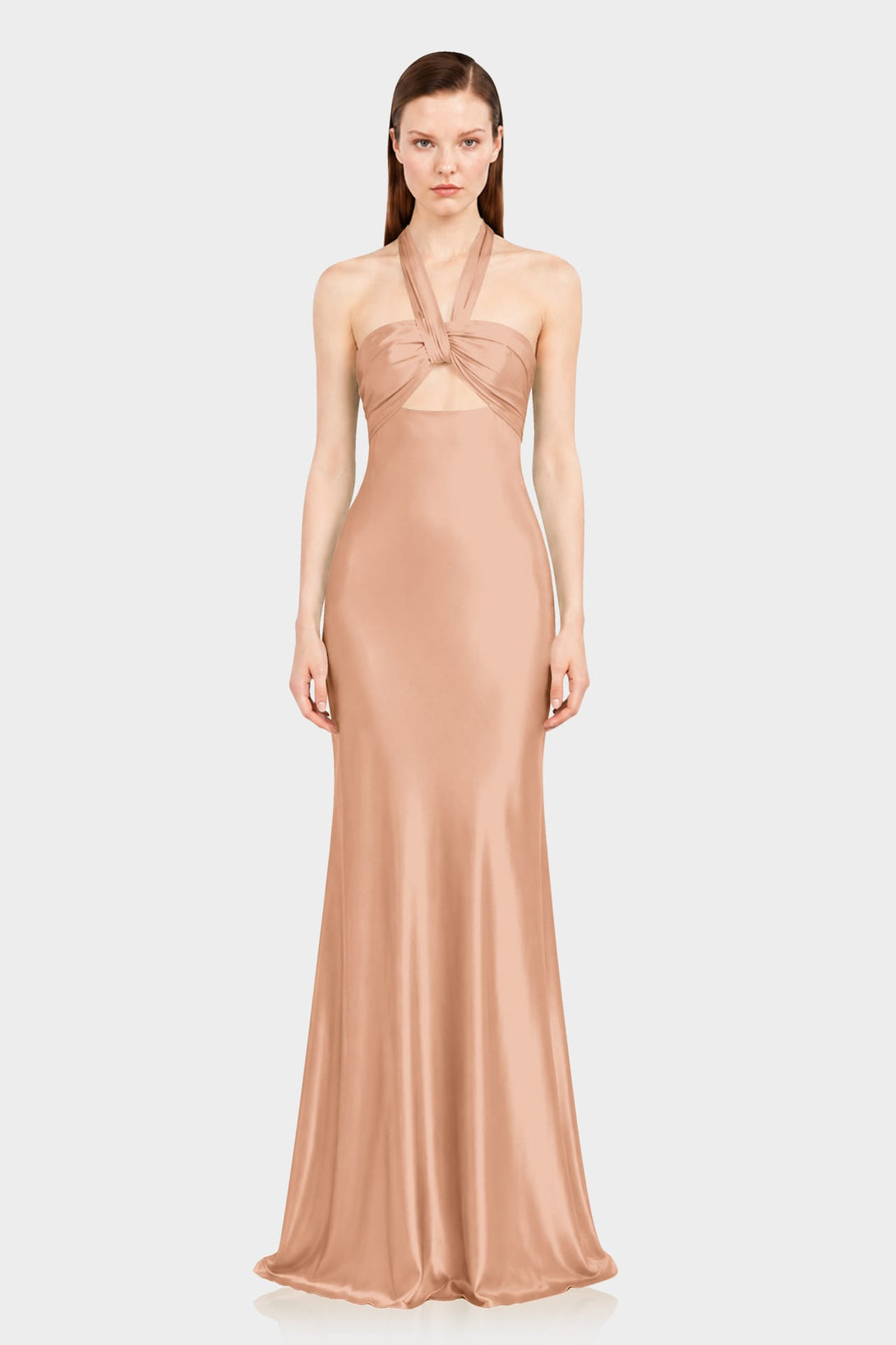S Twisted Front Cut Out Bronze Satin Maxi Dress