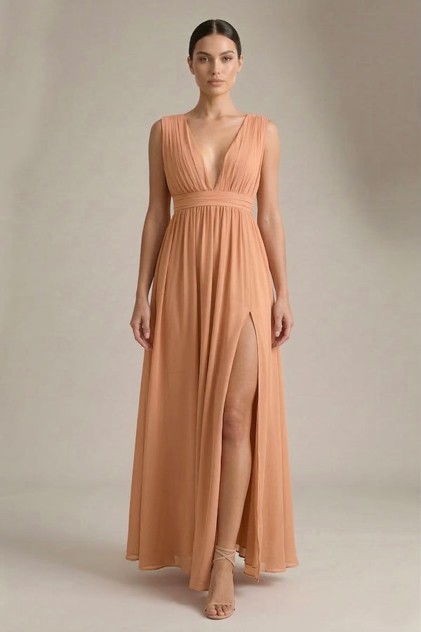 S / With Slit Bronzer Heaven V-Neck Bridesmaid Dress – Elegant Warm Metallic Maxi Gown