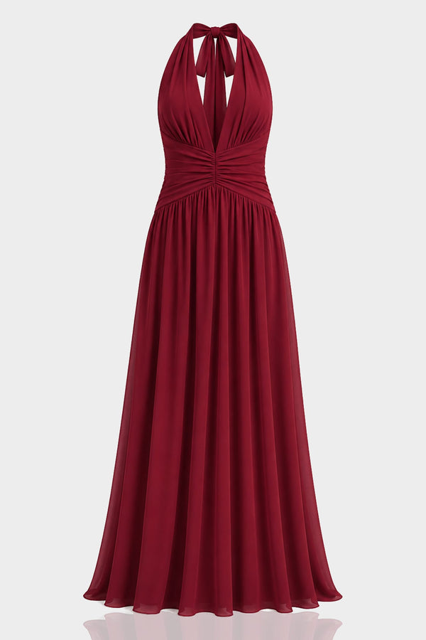 Burgundy Bridesmaid Dress Formal V-Neck Maxi