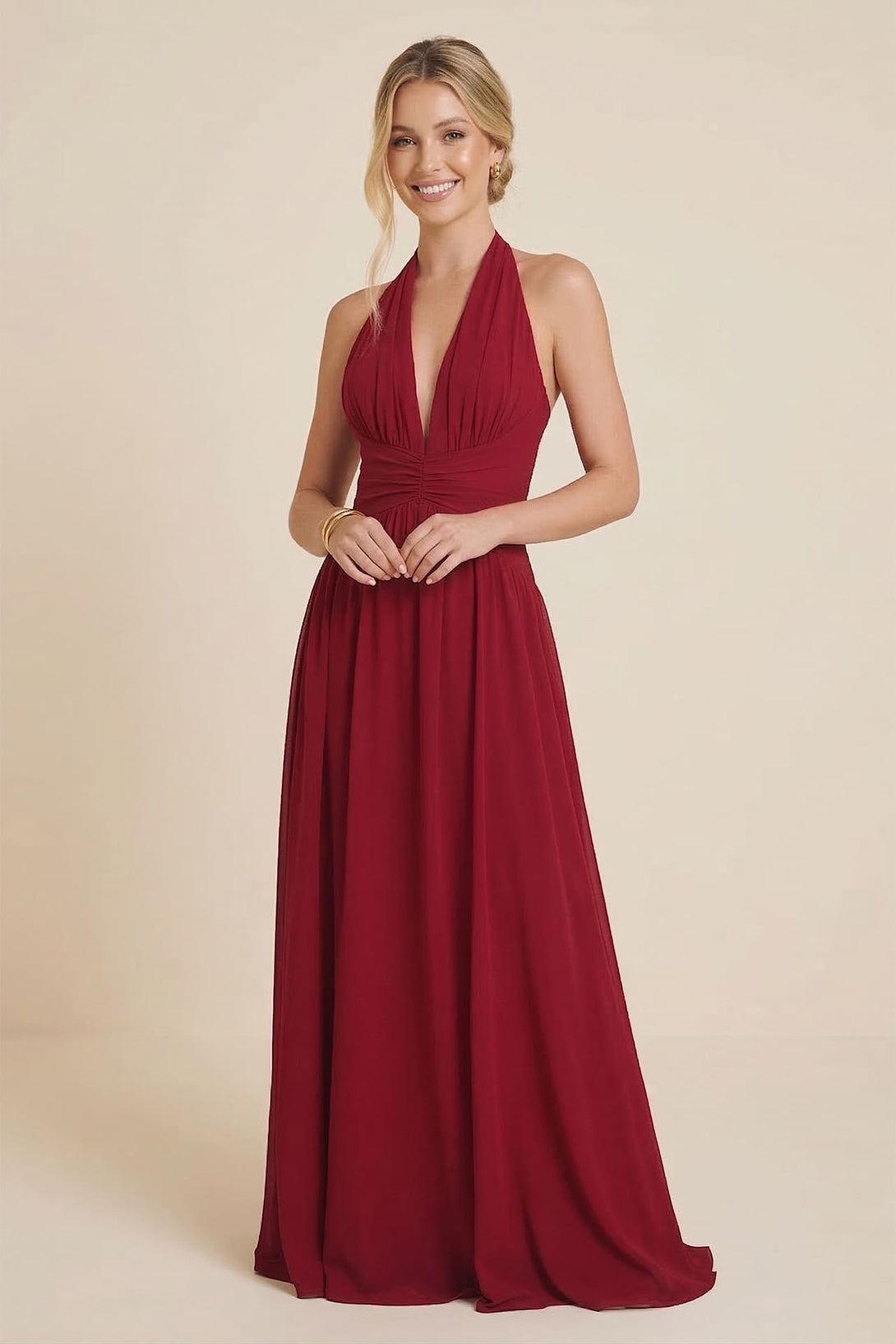S Burgundy Halter V-Neck Chiffon Bridesmaid Maxi Dress