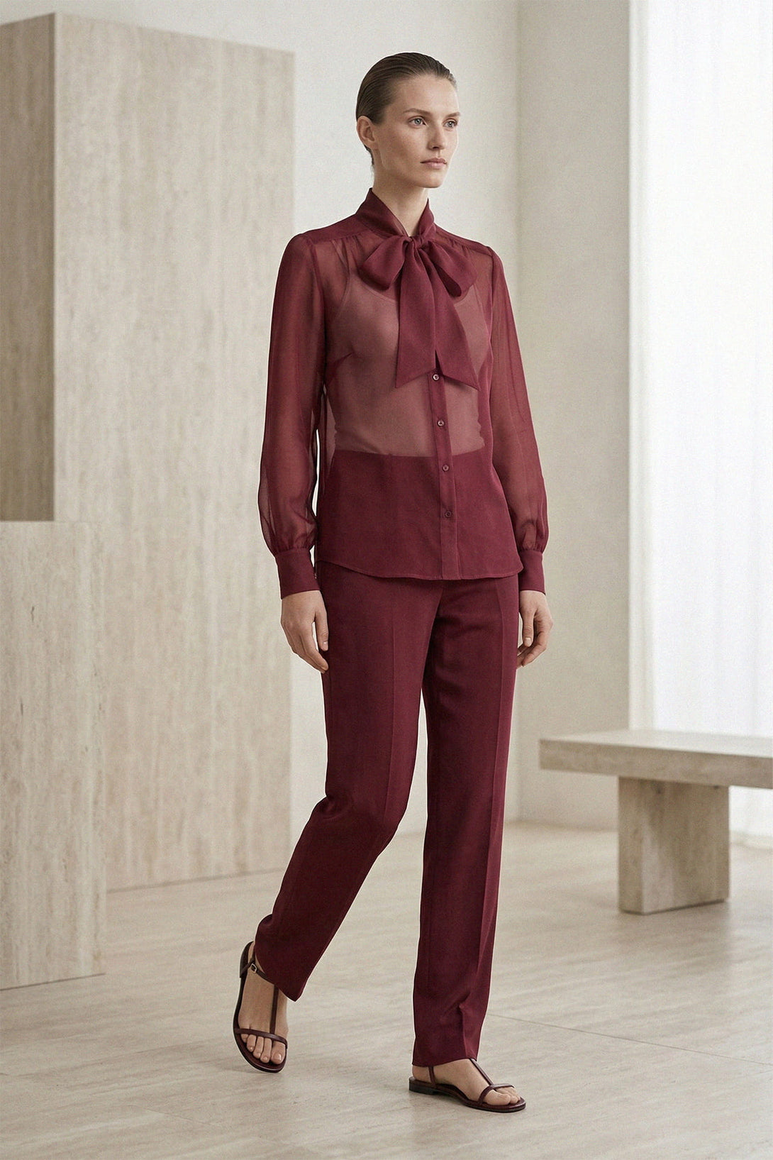 S Burgundy Sheer Organza Tie-Neck Shirt