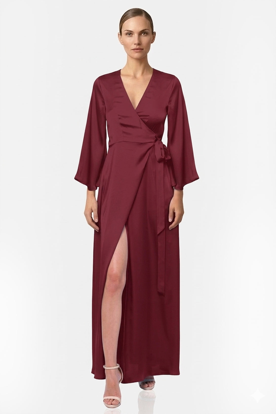 Burgundy Satin Wrap Maxi Bridesmaid Dress | Wine Red Dress | Shahida Shahida Parides Burgundy Satin Wrap Maxi Bridesmaid Dress | Wine Red Dress | Shahida Shahida Parides