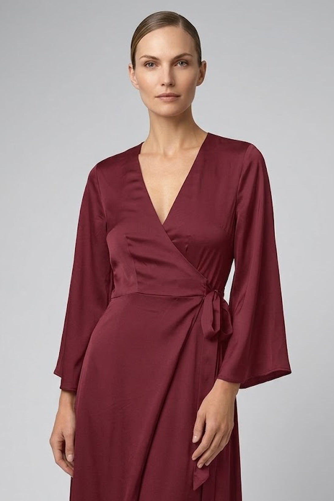 satin burgundy wrap dress Burgundy Satin Wrap Maxi Bridesmaid Dress | Wine Red Dress