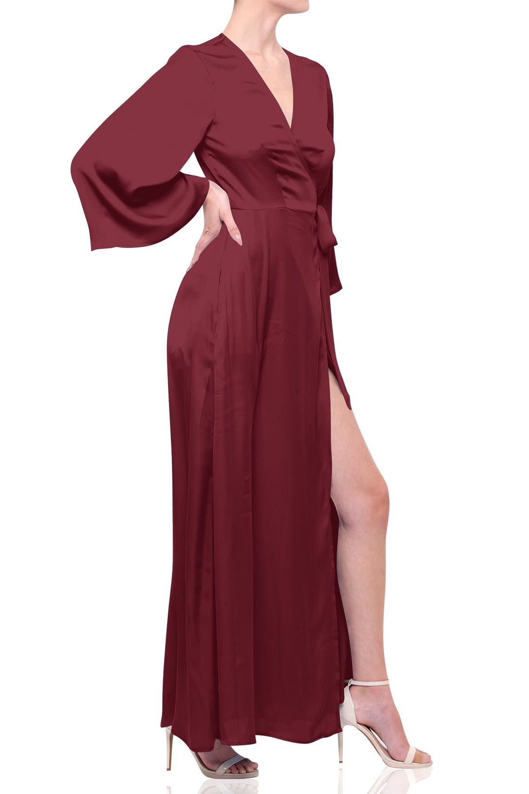 Burgundy Satin Wrap Maxi Bridesmaid Dress | Wine Red Dress