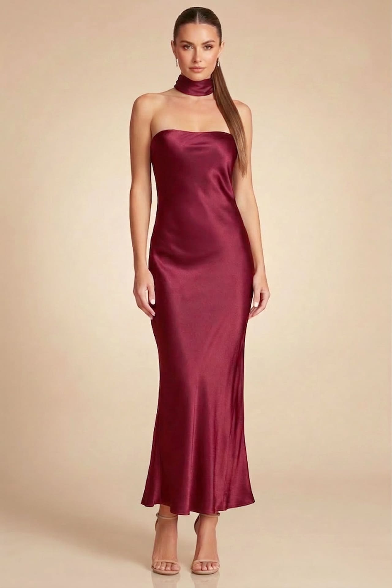 Burgundy Strapless Satin Midi Dress for Events – Shahida Parides