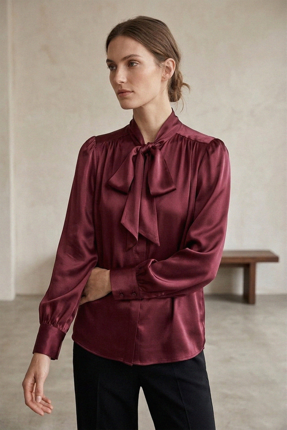 Small Burgundy Satin Scarf Tie-Neck Blouse