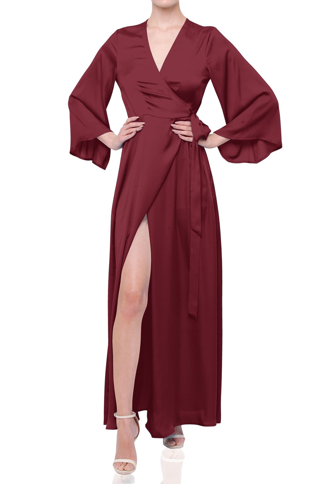 Burgundy Satin Wrap Maxi Bridesmaid Dress | Wine Red Dress | Shahida   Shahida Parides