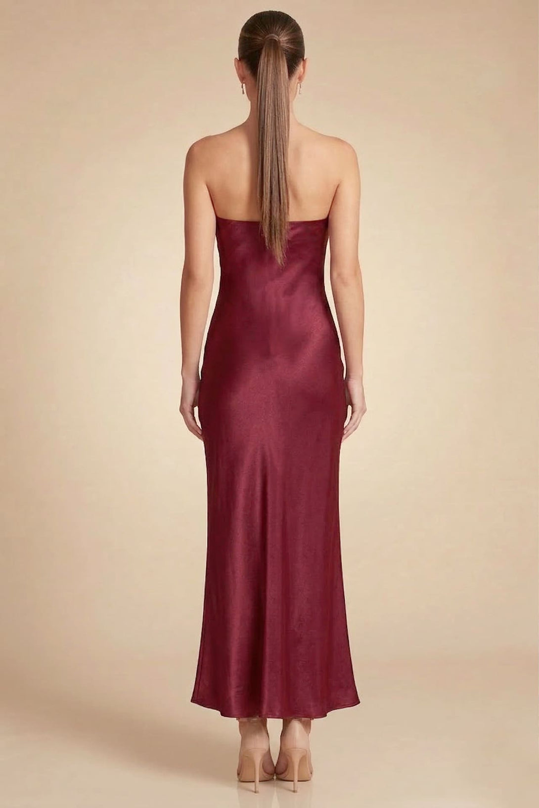 Burgundy Strapless Satin Midi Dress for Events – Shahida Parides