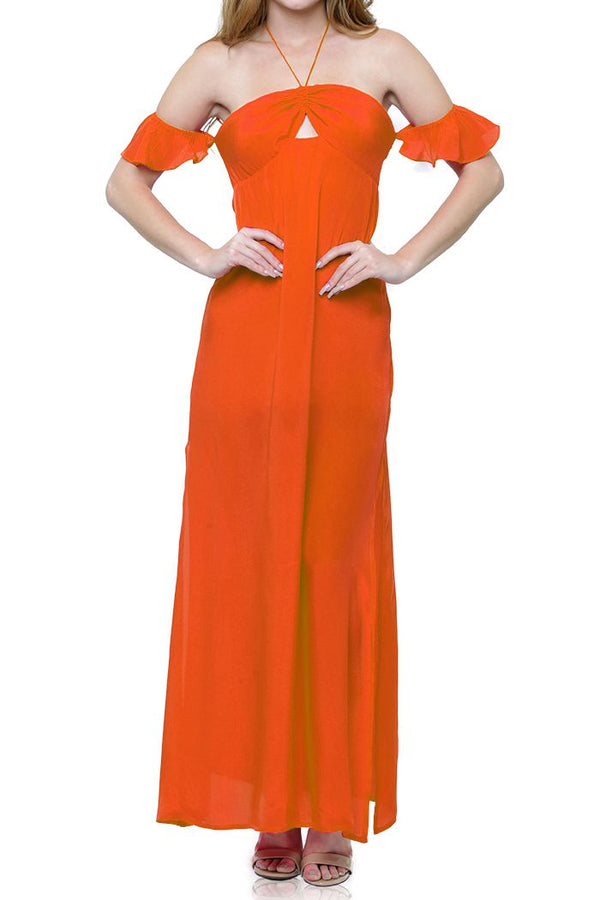  floor length orange dress, womens cut out maxi dress, Shahida Parides, summer maxi dresses for women,