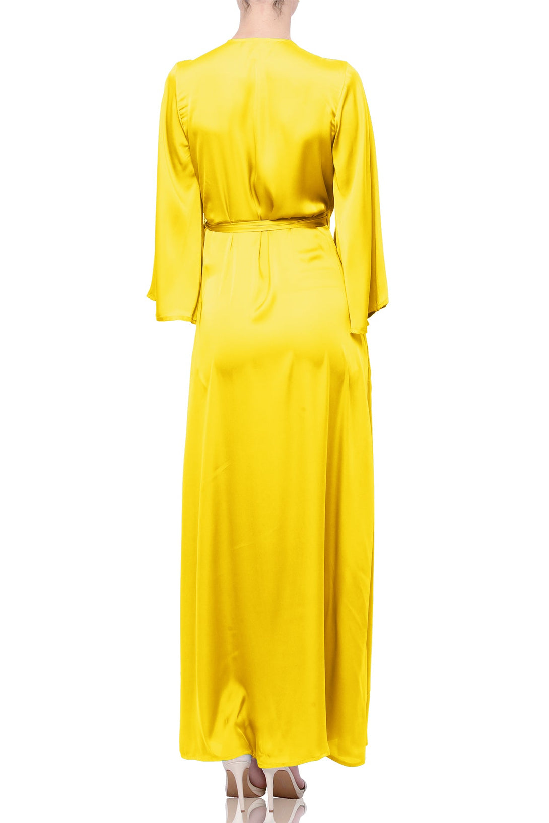 S Lemon Yellow Satin Wrap Maxi Bridesmaid Dress  Spring Summer Wedding Gown