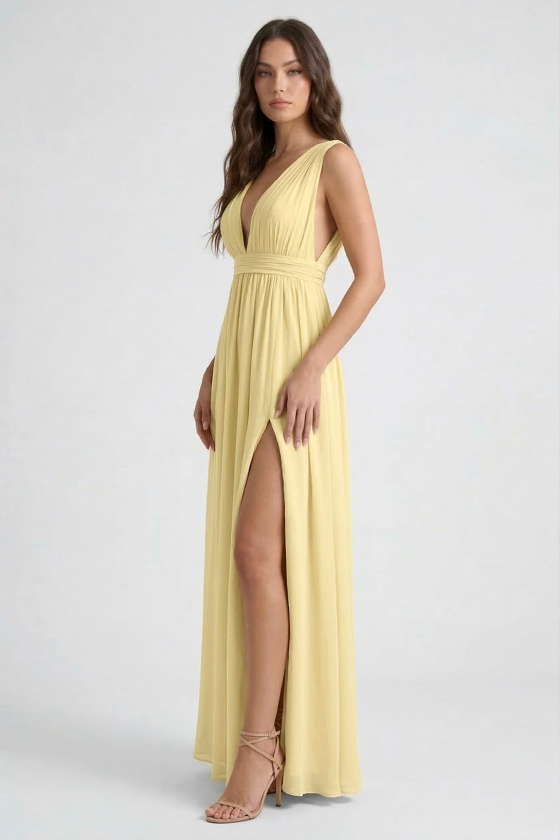 S / With Slit Butter Yellow Heaven Lightweight Chiffon Maxi Dress by Shahsi S / With Slit Butter Yellow Heaven Lightweight Chiffon Maxi Dress by Shahsi