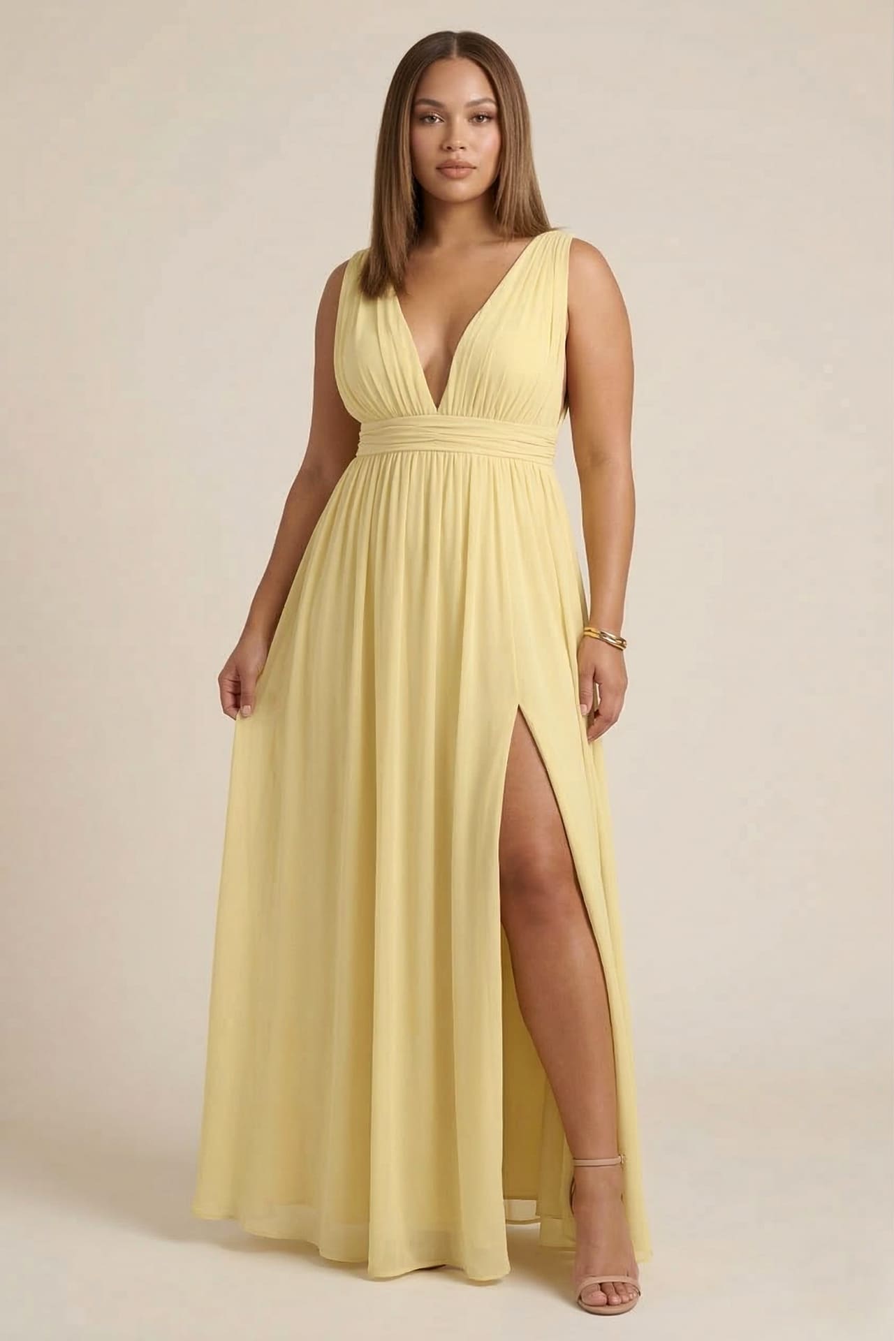 yellow v neck dress S / With Slit Butter Yellow Heaven Lightweight Chiffon Maxi Dress by Shahsi