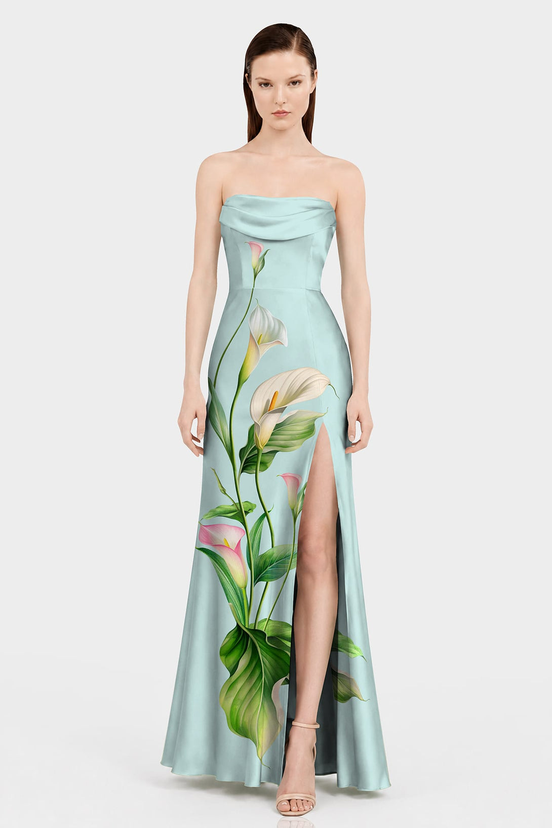 satin floral wedding guest dress The Daffodil | Light Yellow Floral Wedding Guest Dress Square Neck Satin  A-Line Maxi Dress