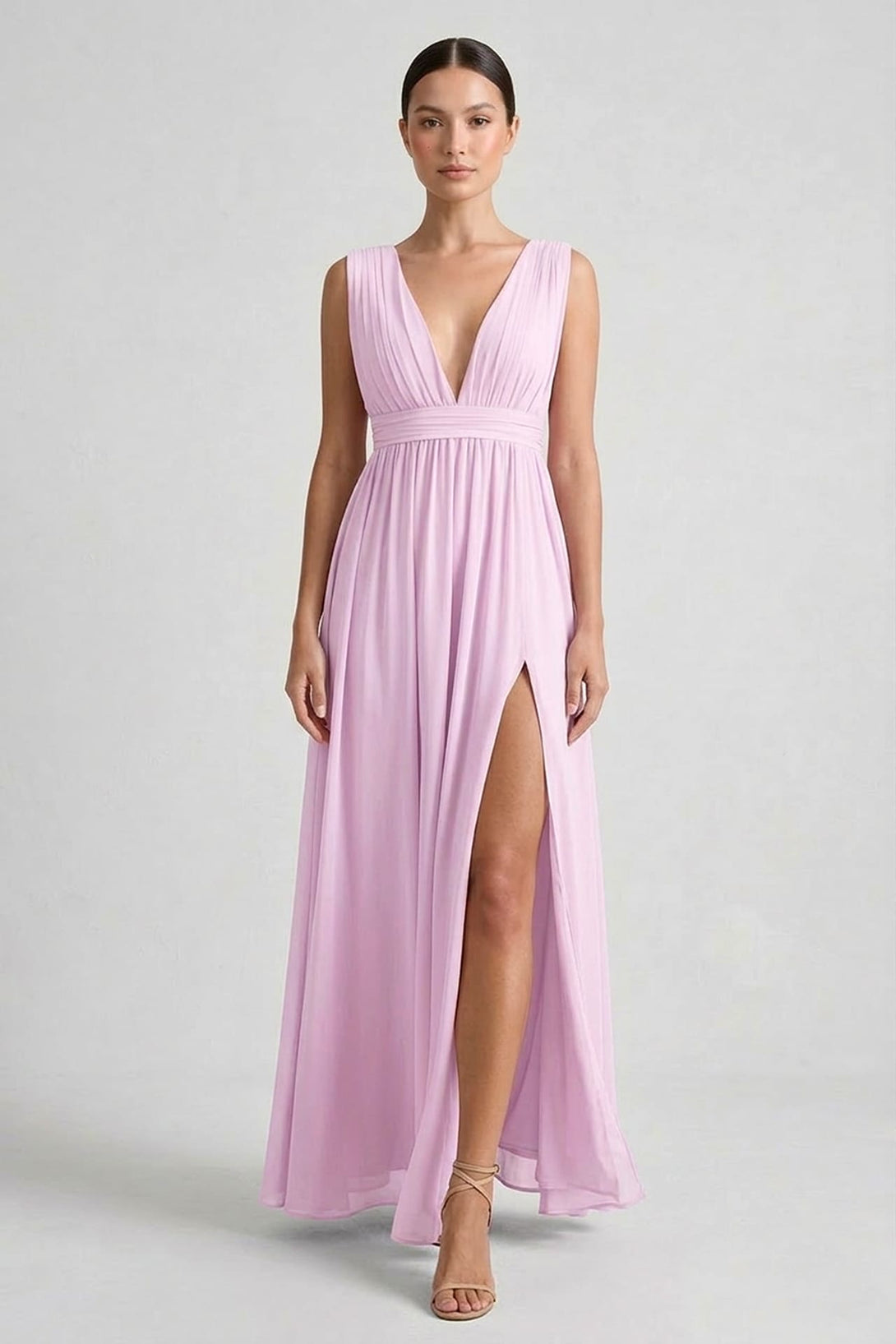 S / With Slit Candy Pink V-Neck Bridesmaid Dress Bright Elegant Maxi Gown S / With Slit Candy Pink V-Neck Bridesmaid Dress Bright Elegant Maxi Gown
