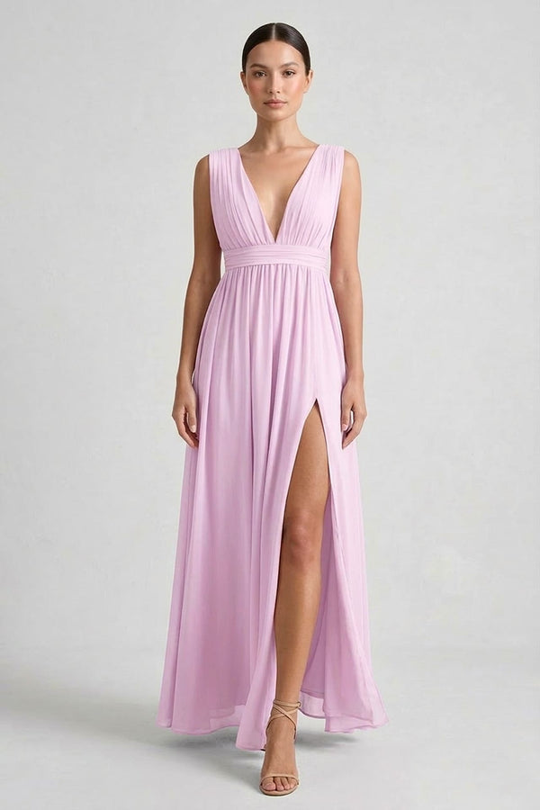 Blush Pink Bridesmaid Satin Deep V Flutter Sleeve Satin A-Line Gown –  Shahida Parides