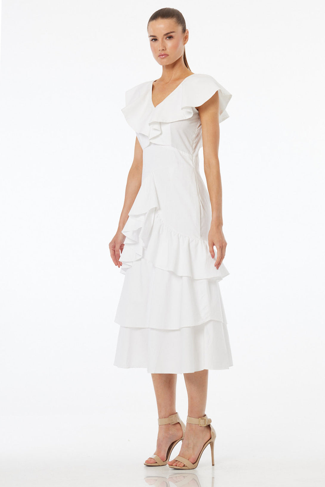 side ruffle midi dress Midi Dress with Side Ruffle and Waist Detail. Soft movement and flattering  fit
